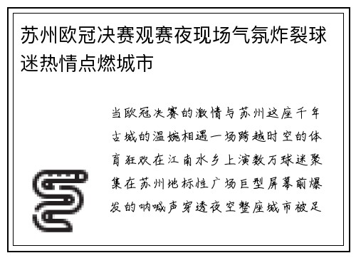 苏州欧冠决赛观赛夜现场气氛炸裂球迷热情点燃城市