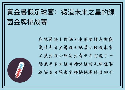 黄金暑假足球营：锻造未来之星的绿茵金牌挑战赛
